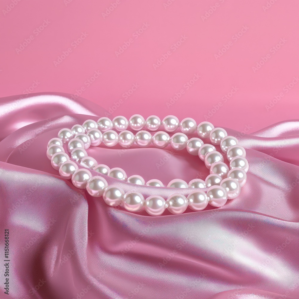 Pearl necklace coiled elegantly on a silk cushion, pastel pink backdrop Pearl necklace coiled elegantly on a silk cushion, pastel pink backdrop