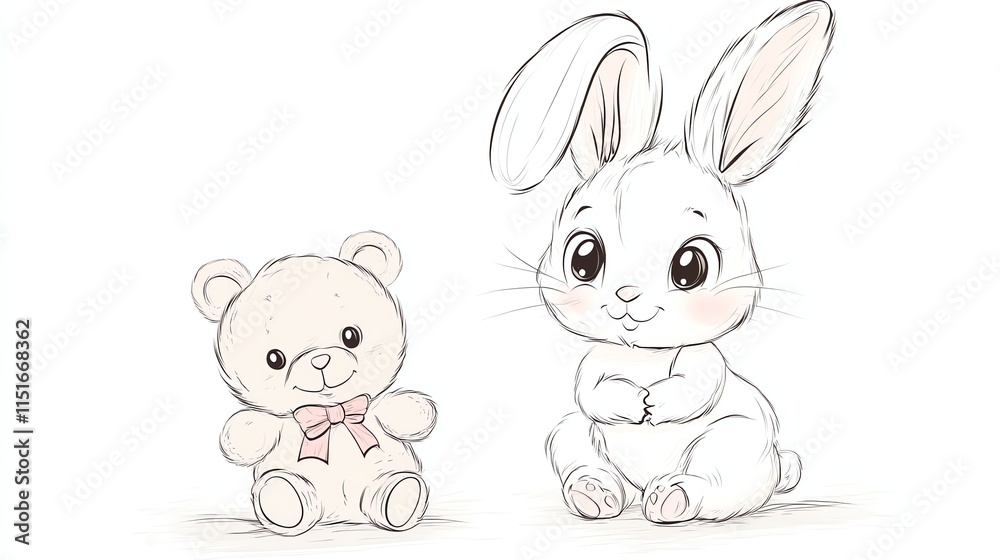 A teddy bear and a bunny rabbit are sitting next to each other. A teddy bear and a bunny rabbit are sitting next to each other.