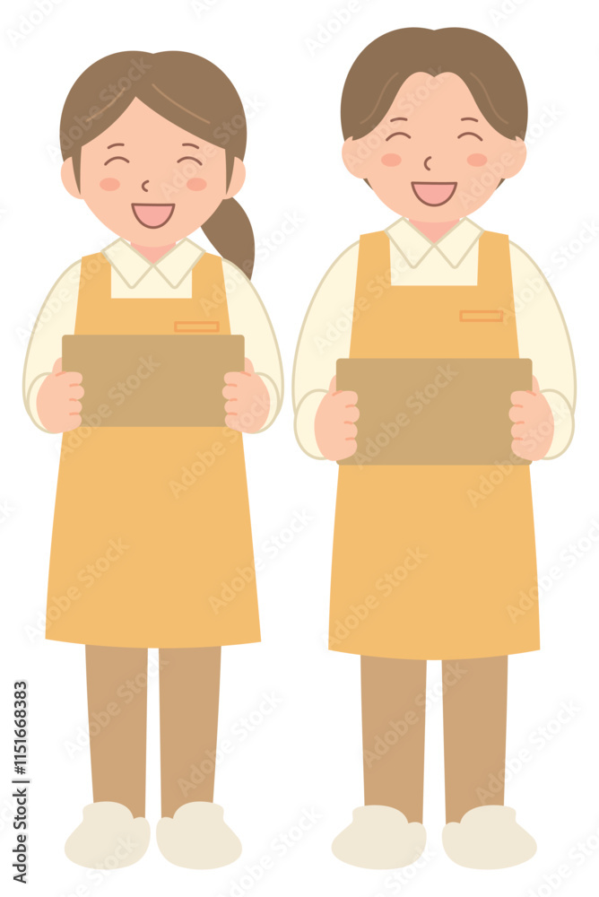 段ボールを運ぶエプロン姿の男女