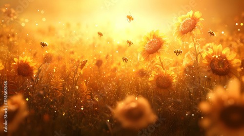 Golden Sunflowers and Bees in a Summer Field