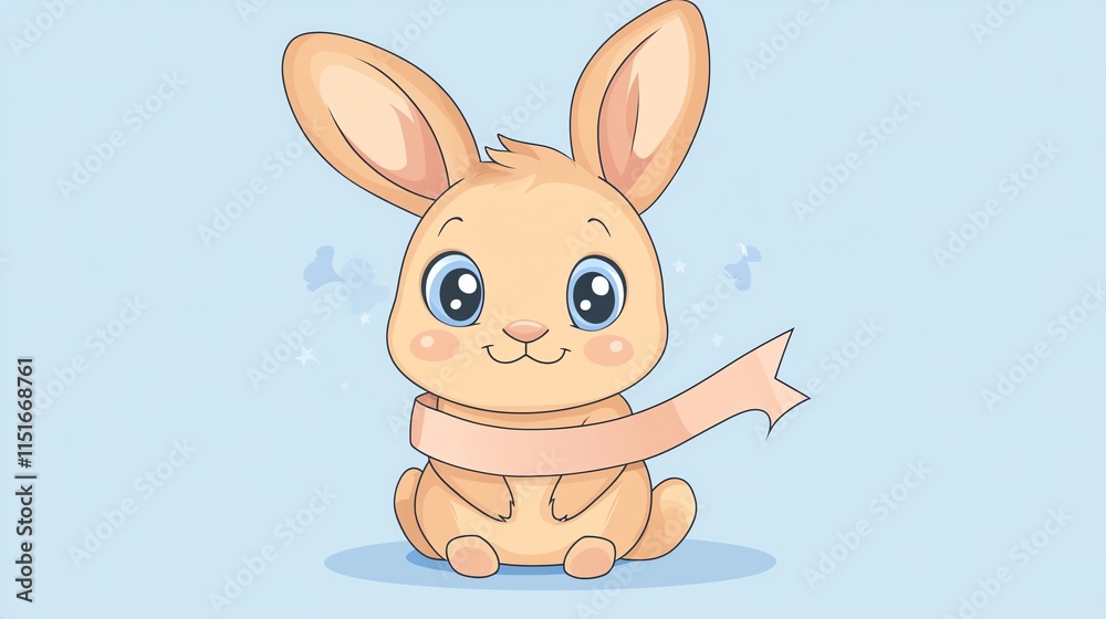 Obraz premium A cute cartoon bunny with big blue eyes, wearing a pink ribbon, on a light blue background.