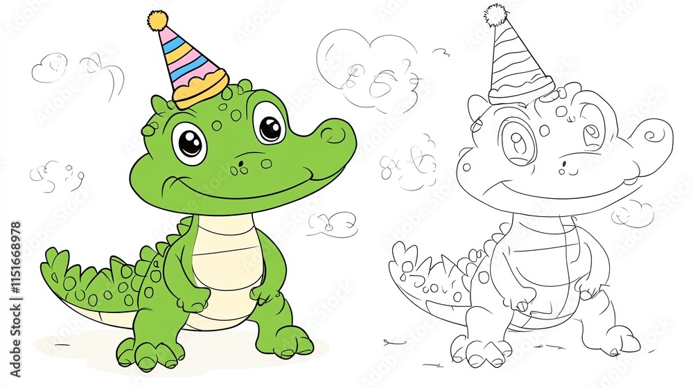 Naklejka premium A cute cartoon crocodile wearing a party hat.