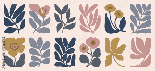 Botanical doodle background art vector set. Flower and leaves abstract shape doodle art design for print, wallpaper, clipart, wall art for home decoration.