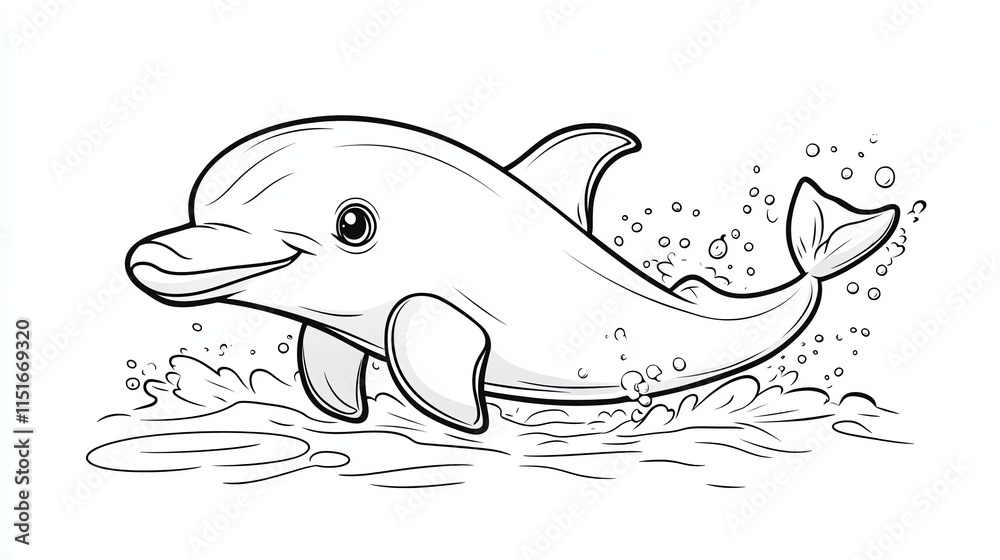 Obraz premium A cute cartoon dolphin leaping out of the water, perfect for coloring.