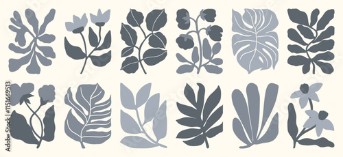 Botanical doodle background art vector set. Flower and leaves abstract shape doodle art design for print, wallpaper, clipart, wall art for home decoration.