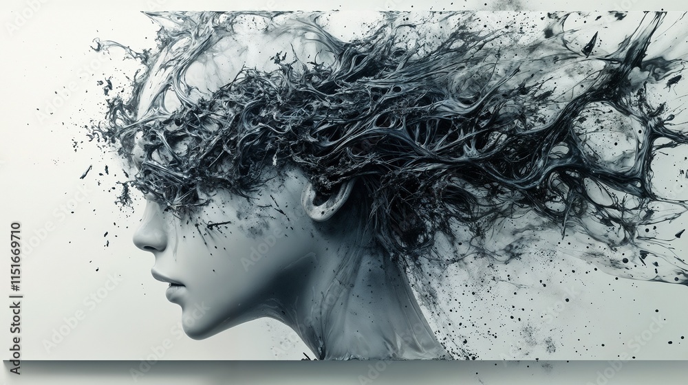 Artistic representation of a flowing head with abstract features in monochrome tones Artistic representation of a flowing head with abstract features in monochrome tones