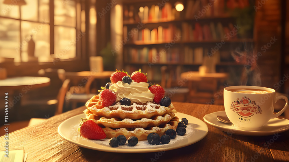 Delicious Waffles with Berries and Whipped Cream at a Cozy Cafe Delicious Waffles with Berries and Whipped Cream at a Cozy Cafe