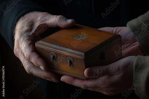 Two hands holding a wooden keepsake box in low light

