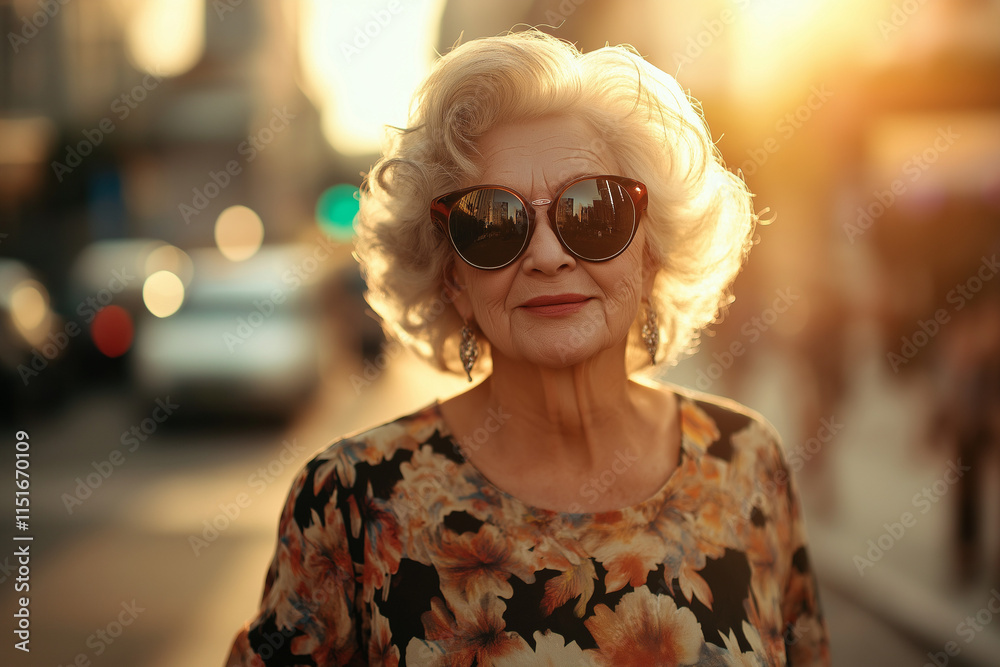 Senior woman in sunglasses with floral dress at sunset
Senior woman in sunglasses with floral dress at sunset
