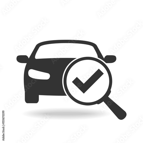 Magnifier glass on car graphic icon. Sign isolated on white background. Symbol of car searching and selection. Vector illustration