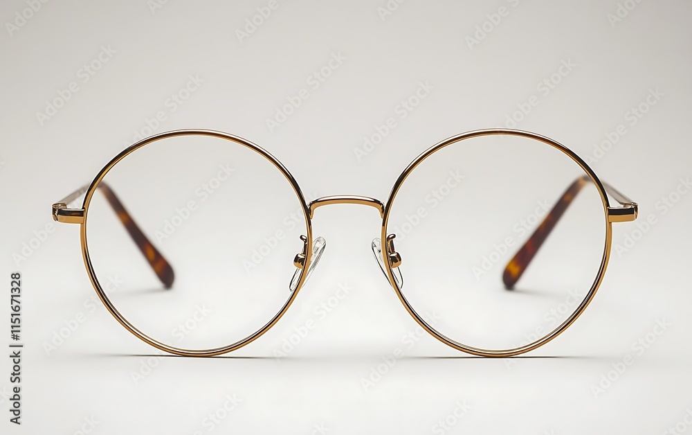 Round gold metal frame eyeglasses with clear lenses on white background. Round gold metal frame eyeglasses with clear lenses on white background.