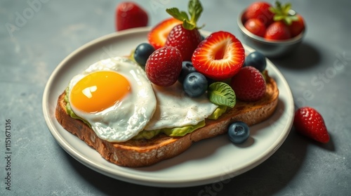 A vibrant breakfast toast topped with avocado slices, a sunny-side-up egg, blueberries, and strawberries, served on a white plate