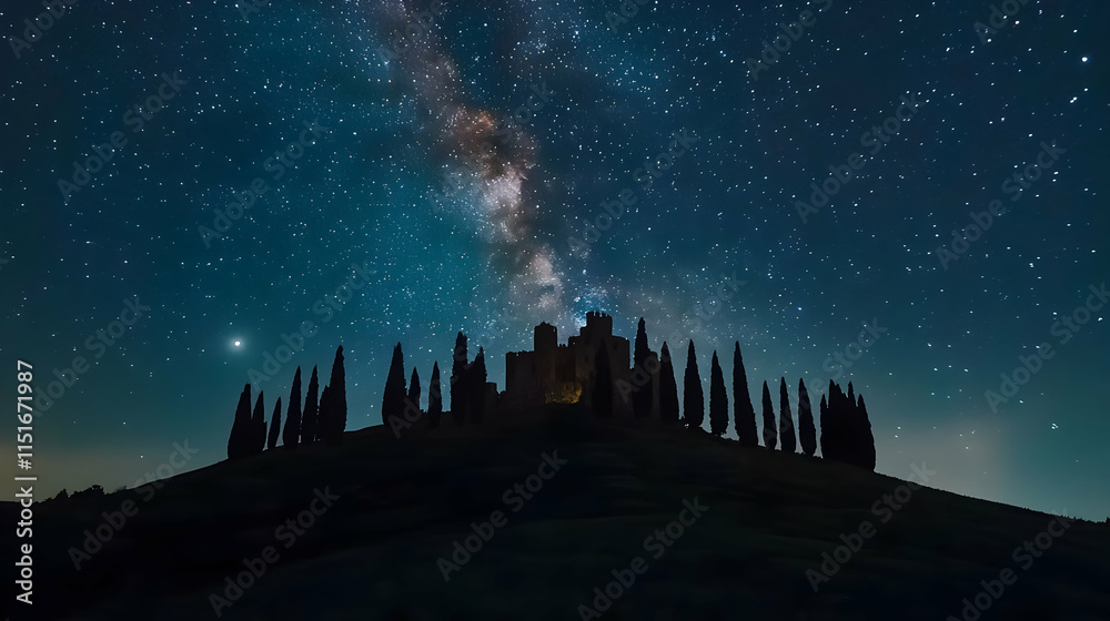 Naklejka premium Majestic Castle Silhouette under the Milky Way