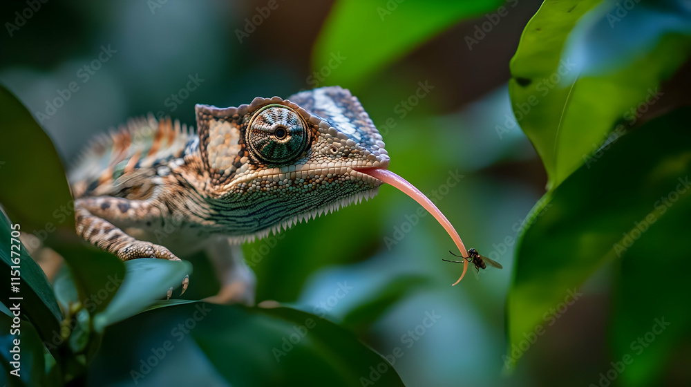 Naklejka premium Chameleon Catching Insect: A Close-Up Look at Nature's Predator