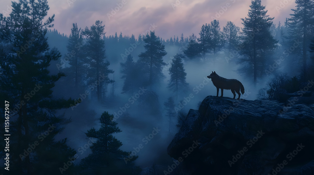 Majestic Wolf Silhouette in a Misty Forest at Night Majestic Wolf Silhouette in a Misty Forest at Night