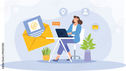 An illustration showcasing email marketing and online communication, featuring a digital workspace with email campaigns being crafted, sent, and tracked