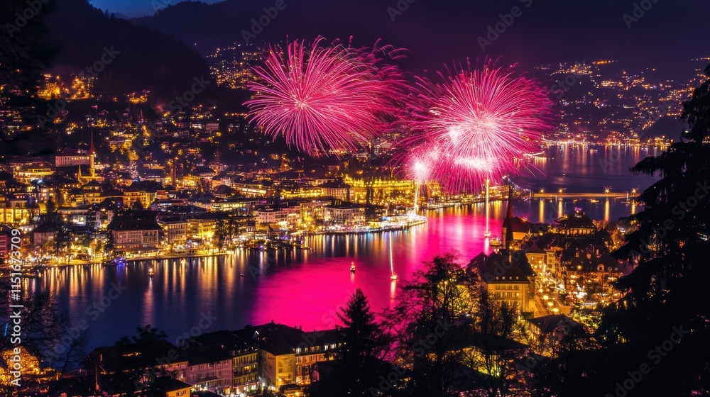 Fototapeta premium Panoramic Night View of Classic Lakeside City with Pink Neon Fireworks - Photo-Realistic Urban Landscape