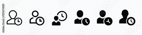time management icons, flexible schedule work icon, worker hours, Person overtime, attendance icon. Warking icons. Working late icon. Person icons. Overtime working.
