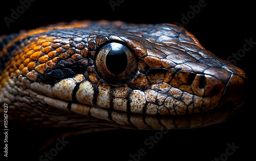 Close-up of a snake's head, showcasing intricate scales and eye detail against a black background. photo