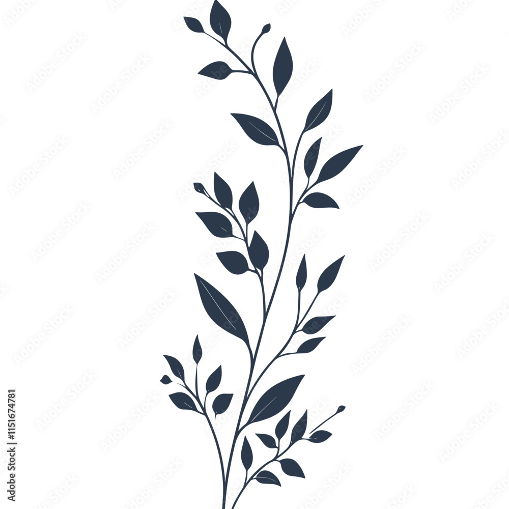 Naklejka premium Minimal feminine botanical floral branch in silhouette style. Hand drawn wedding herb, minimalistic flowers with elegant leaves. Botanical rustic trendy greenery vector