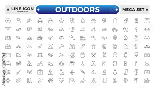Outdoors outline icon set .The set includes a Camping, Hiking, Compass, Mountain, Fishing, Tourism, Carabiner, Climbing, Kayak, Map, Flashlight, Picnic, Bench, Bicycle. Editable stroke outline icon.