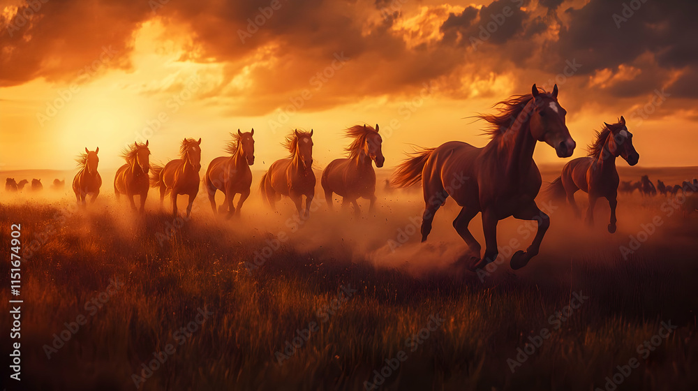 Obraz premium Majestic Herd of Wild Horses Running at Sunset