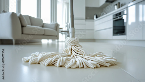 Close-up of a white rope mop covering the white floor on a blurred background of a modern white apartment with a white kitchen and a gray sofa near a large window. Cleaning conseption. photo