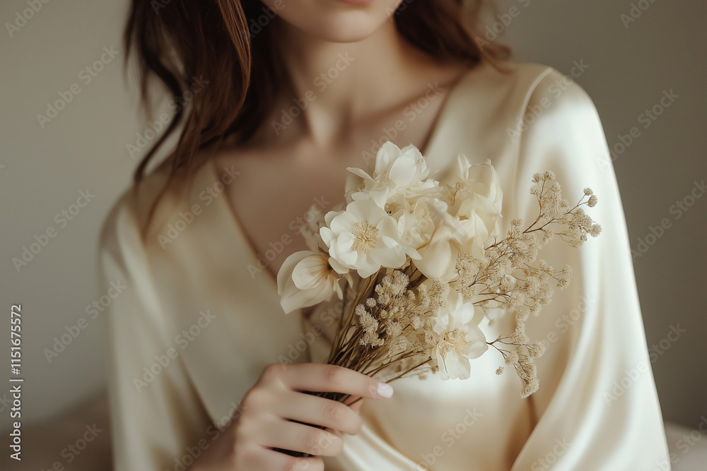 Naklejka premium Woman holding dried flowers in an elegant cream outfit