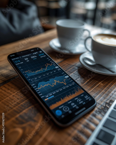 Wallpaper Mural Smartphone on a table displaying stock market charts, representing technology, investment, and mobile trading solutions. Torontodigital.ca