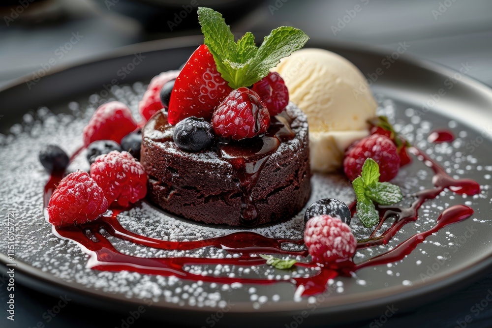dessert - chocolate lava cake with a molten center and a scoop of vanilla ice cream and fresh berries dessert - chocolate lava cake with a molten center and a scoop of vanilla ice cream and fresh berries