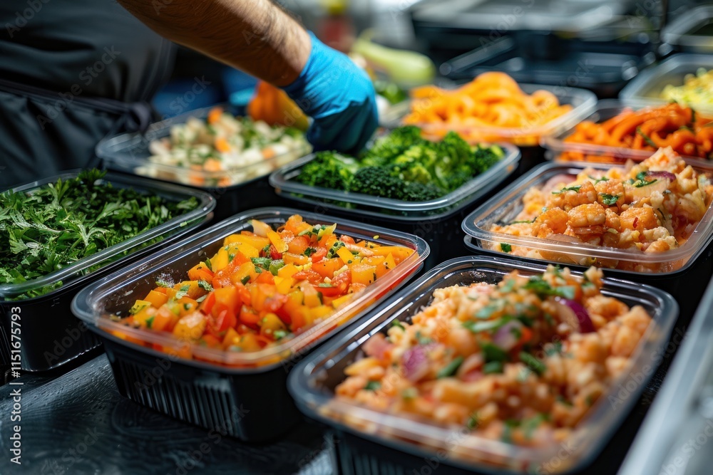 Putting food in boxes in a restaurant for food delivery, catering Putting food in boxes in a restaurant for food delivery, catering