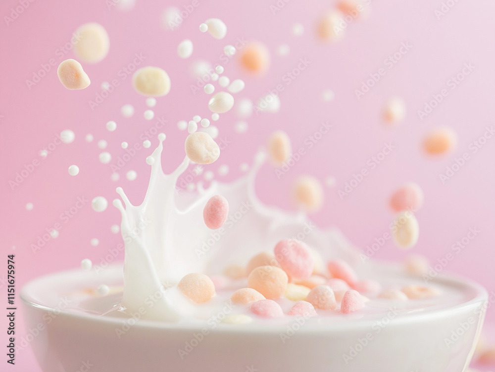 Milk splash with pastel-colored candies in a pink background
Milk splash with pastel-colored candies in a pink background