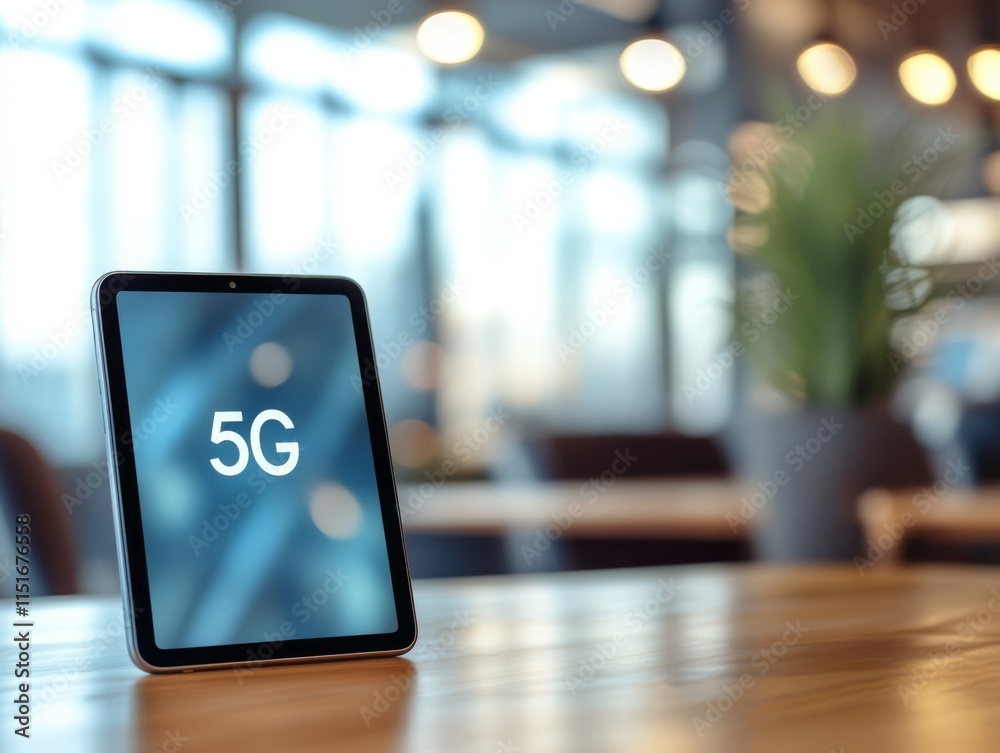 Modern Tablet Displaying 5G Connectivity in Cafe Setting Modern Tablet Displaying 5G Connectivity in Cafe Setting