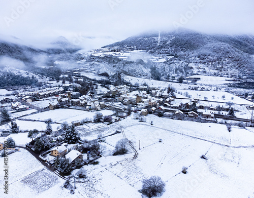 Aerial photo of Fiscal (Huesca) covered in snow. Aragon Pyrenees