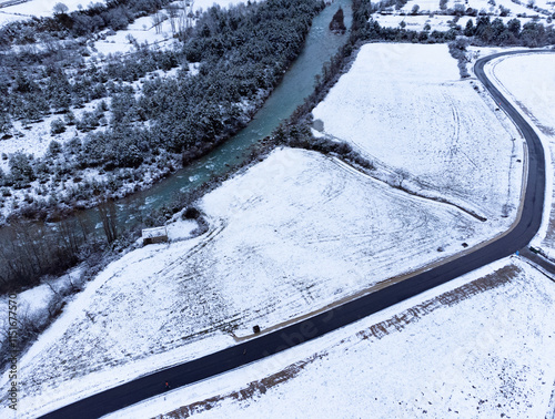 Aerial photo of Fiscal (Huesca) covered in snow. Aragon Pyrenees