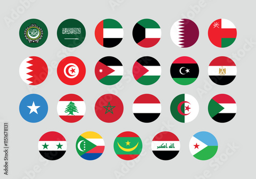 Flag of All Arab League member countries. Arab League countries round flag Bundle.