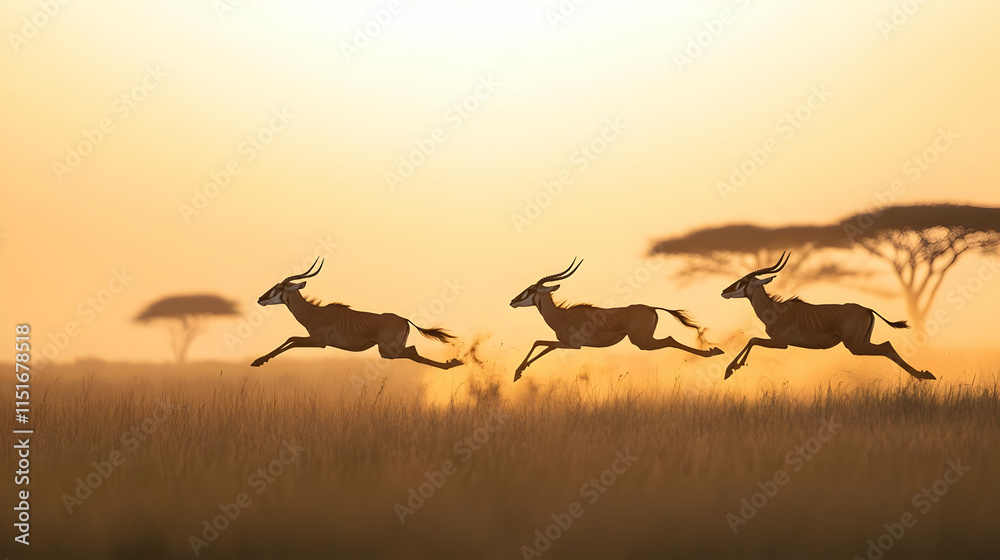 Three Antelopes Running in the African Savanna at Sunset Three Antelopes Running in the African Savanna at Sunset