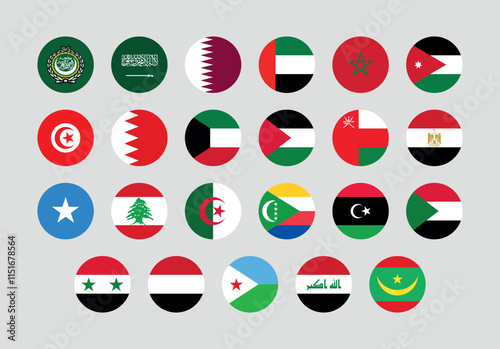 Flag of All Arab League member countries. Arab League countries round flag Bundle.