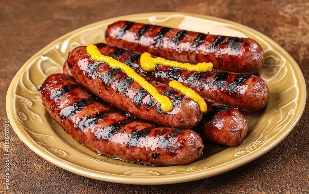 A plate of grilled sausages with visible char marks and mustard, on a rustic brown background