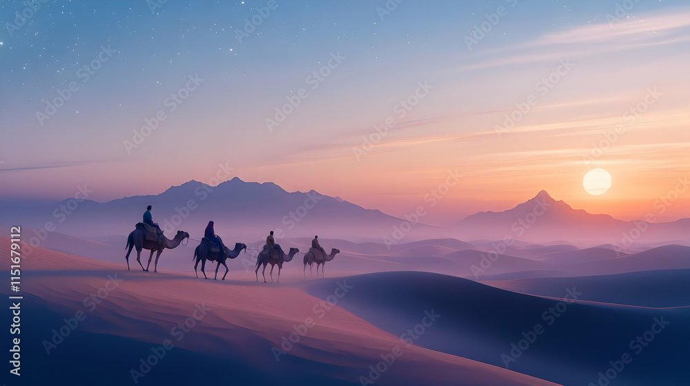 Majestic Desert Sunset: Camel Caravan Silhouette at Dawn Majestic Desert Sunset: Camel Caravan Silhouette at Dawn