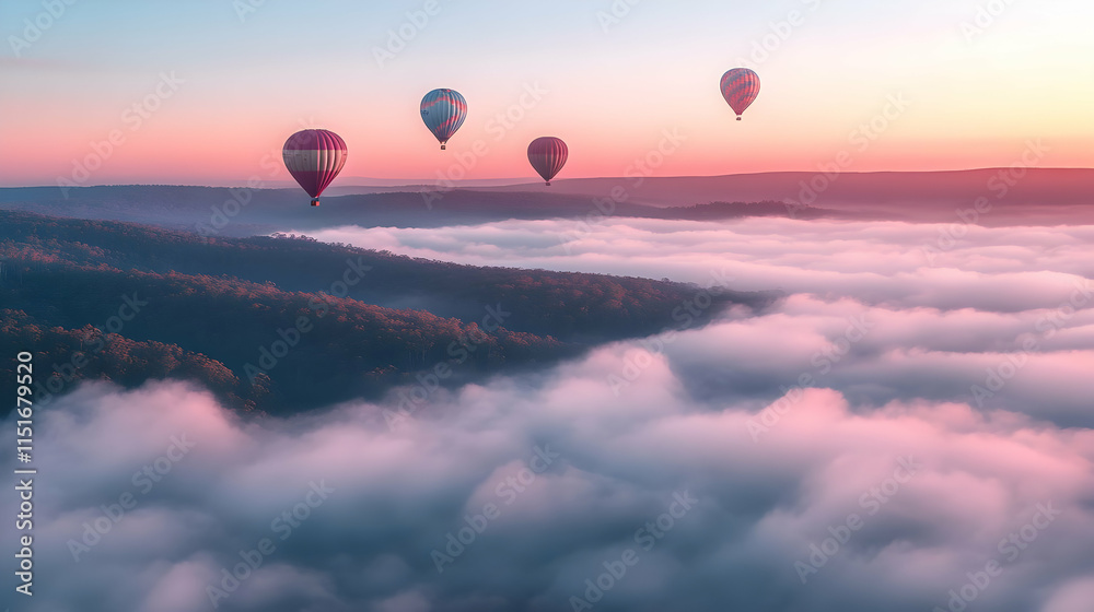 Obraz premium Hot Air Balloons Soaring Above a Sea of Clouds at Sunrise
