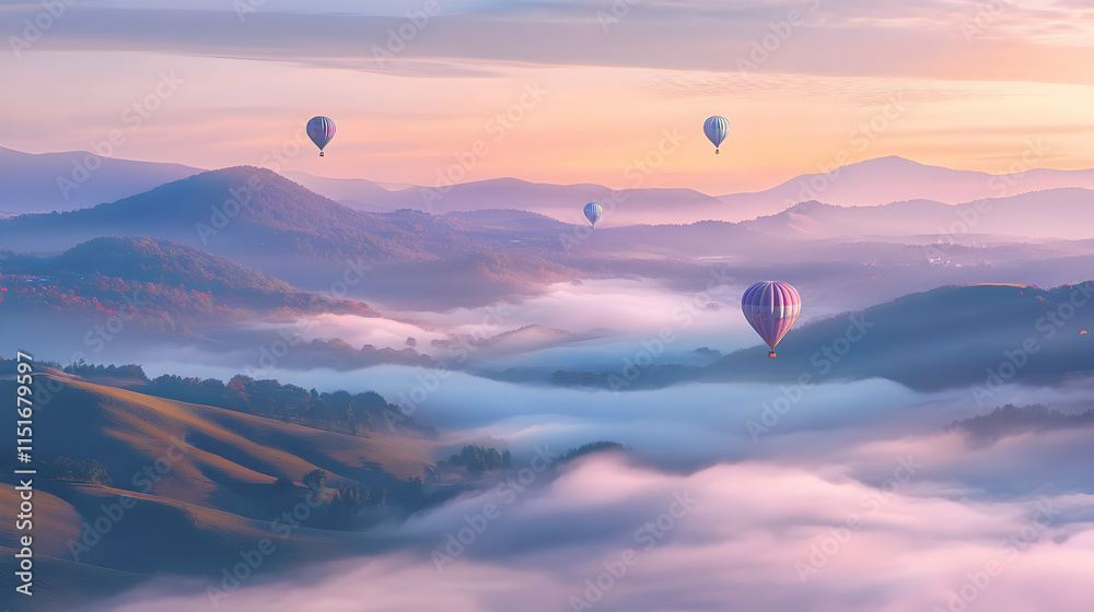 Hot Air Balloons over Misty Mountains at Sunrise Hot Air Balloons over Misty Mountains at Sunrise