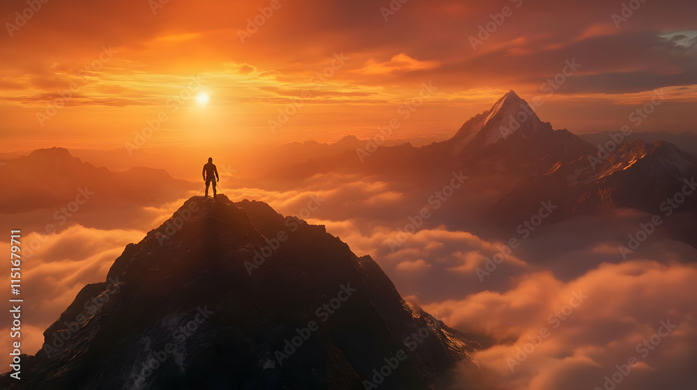 Majestic Sunset over the Mountains: A Solitary Figure on a Peak Majestic Sunset over the Mountains: A Solitary Figure on a Peak