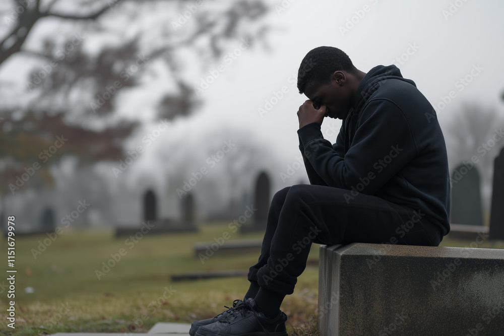 Young man sitting in a foggy cemetery with hands in prayer
Young man sitting in a foggy cemetery with hands in prayer