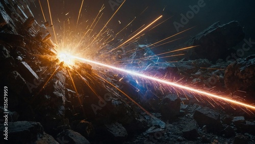 A powerful laser beam emitting from the clearing system breaking apart larger pieces of debris into smaller more manageable fragments.
