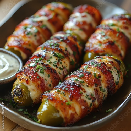 Crispy bacon-wrapped jalapeño poppers served on a ceramic plate. photo