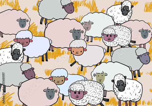 Sheeps, lambs,goats  on farm yard landscape village background vector illustration.