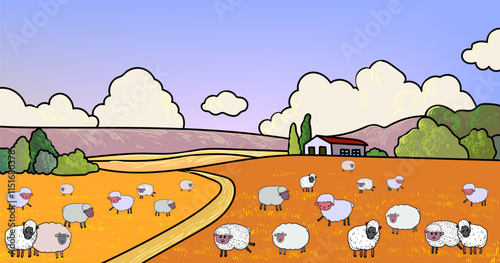 Sheeps, lambs,goats  on farm yard landscape village background vector illustration.