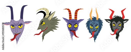 Krampus character set. Christmas cartoon Krampus Goat devil illustration. Stock hand drawn vector illustration isolated on white background.