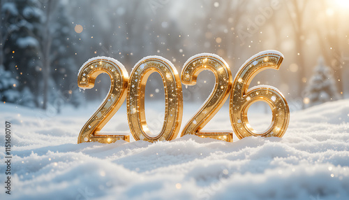 Golden 2026 New Year Snowy Scene Sparkling Winter Background photo